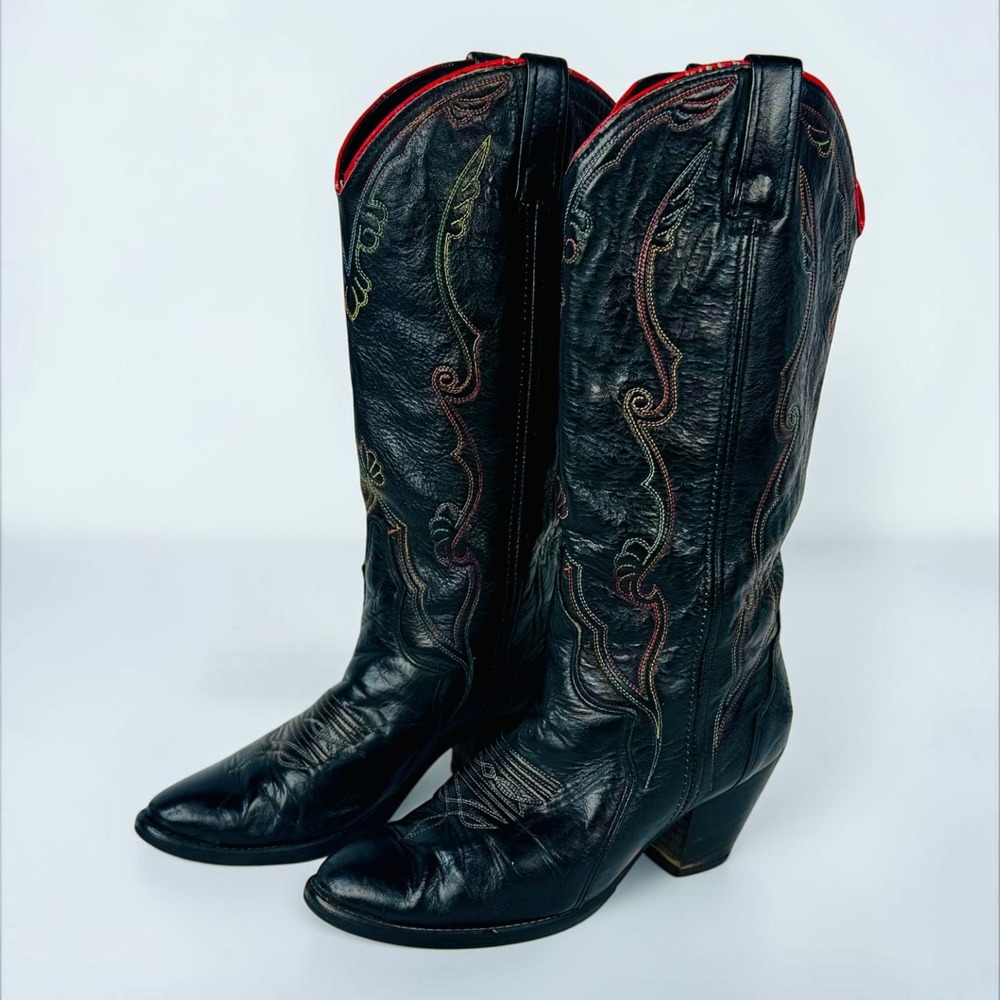 Vintage Acme Cowboy Boots Women 6 M Black Leather Rainbow Stitch Western USA